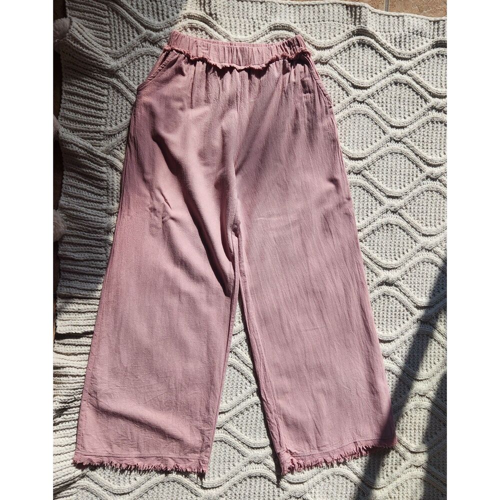 Dusty Rose Shirred Edge/ frayed-hem wide-leg pull on cotton blend pants Size L